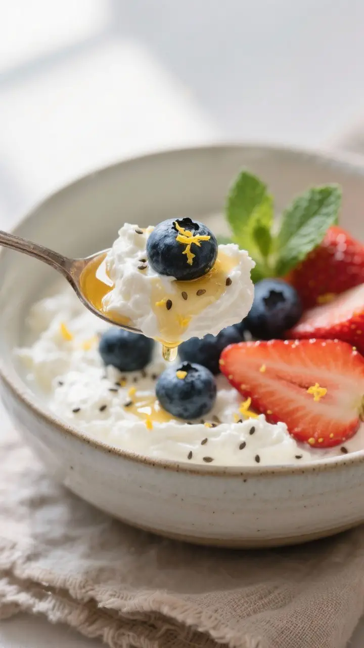 Close-up detail: A spoonful of whipped cottage cheese topped with glossy blueberries, sliced strawbe