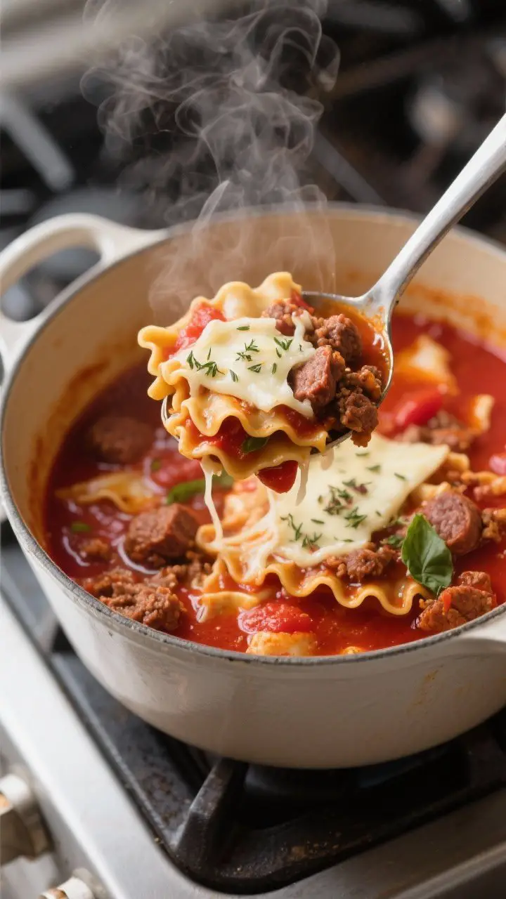 Close-up detail: A steaming ladle lifting hearty lasagna soup from a Dutch oven, showcasing crinkled