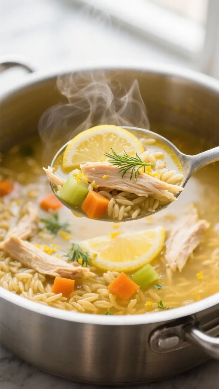 Close-up detail: A steaming ladle of bright lemony chicken and orzo soup lifted just above the pot,