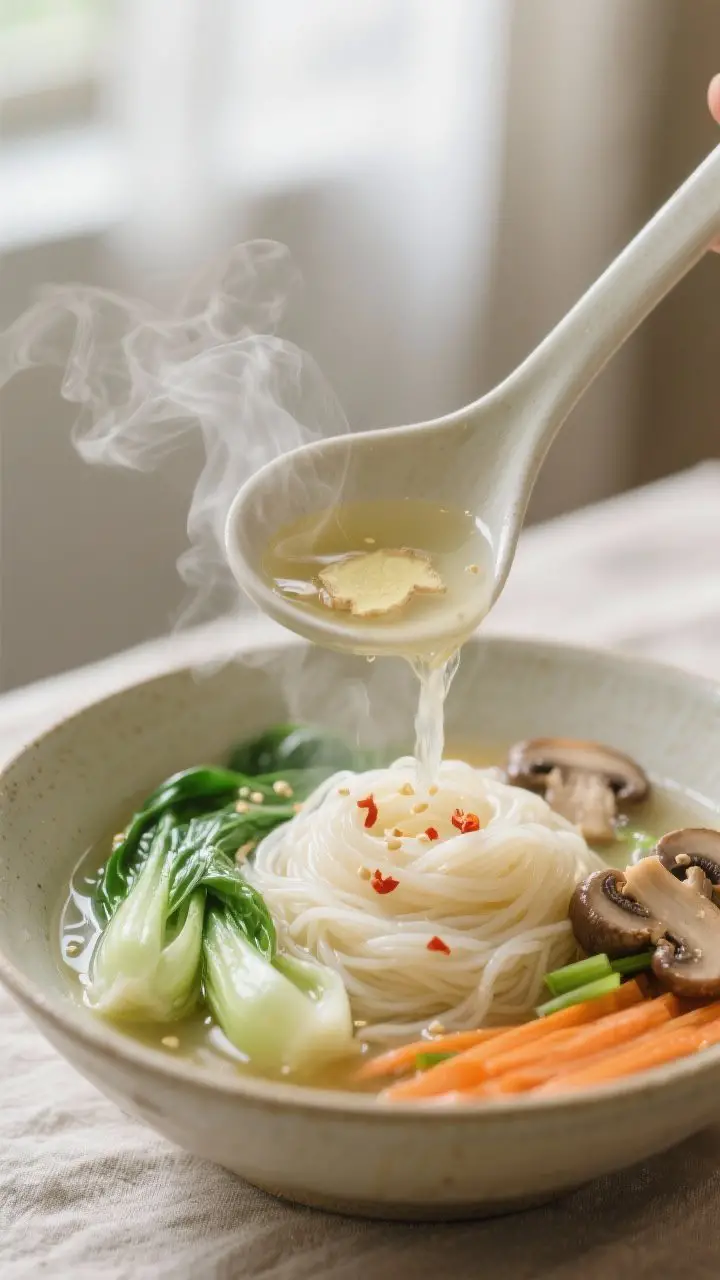 Close-up detail: A steaming ladle pouring clear ginger-garlic broth over a nest of al dente rice noo