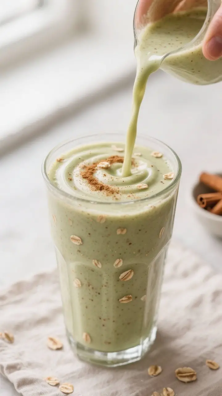 Close-up detail: A thick, silky Pear Cinnamon Oat Smoothie mid-pour into a tall clear glass, showing