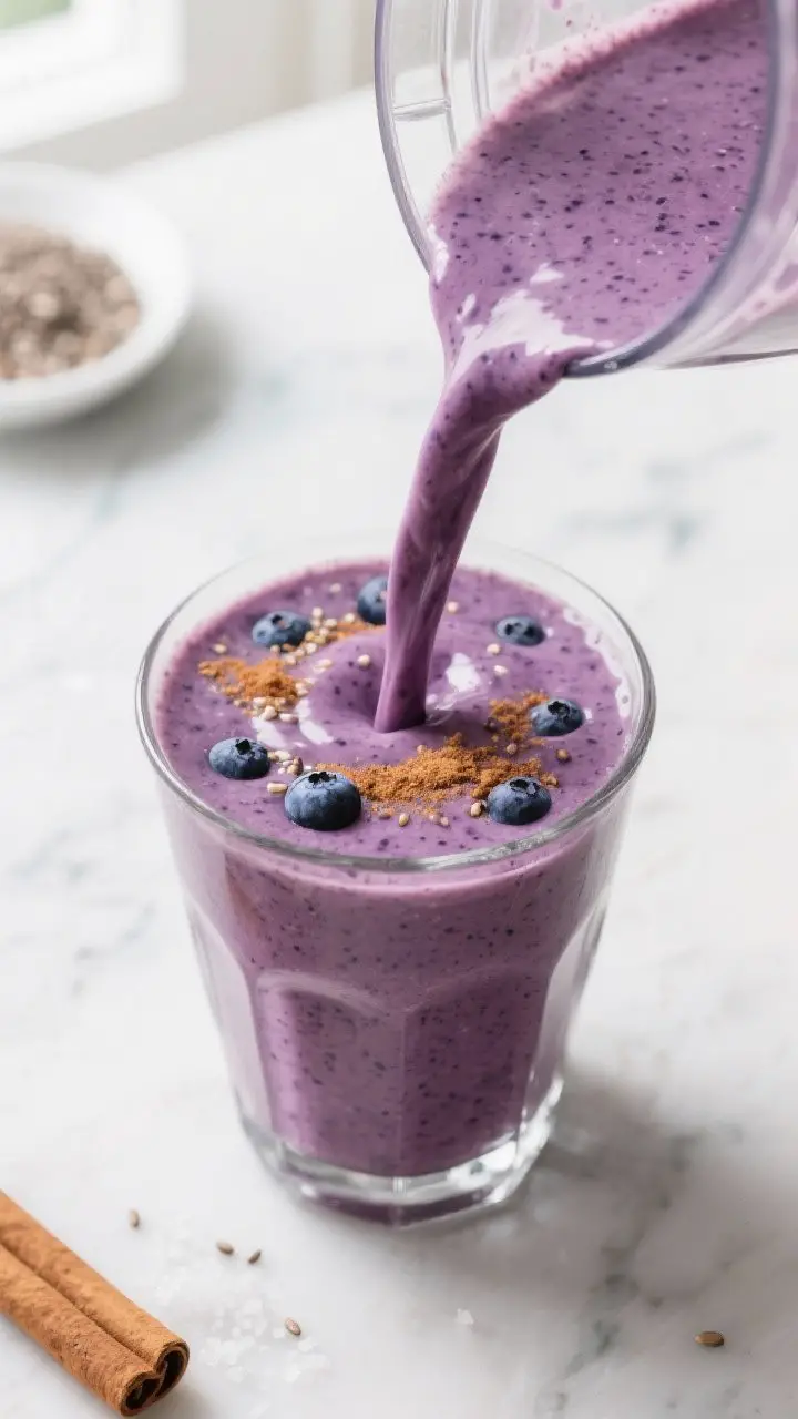 Close-up detail: a thick, velvety blueberry almond smoothie mid-blend being poured in a smooth ribbo