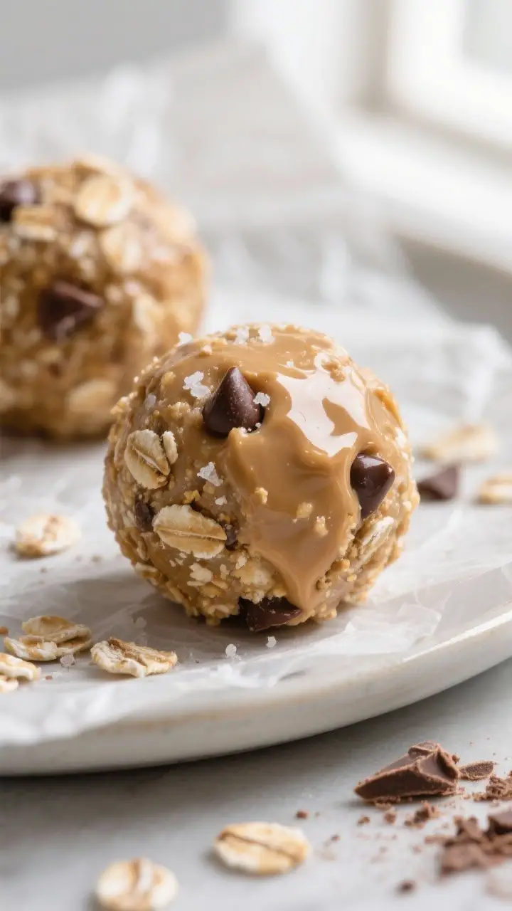 Close-up detail: A tight macro of finished peanut butter energy bites just after chilling, showing t