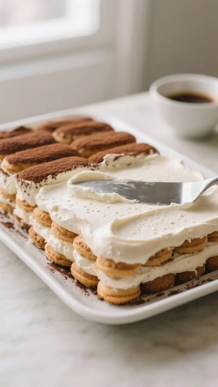 Close-up detail: A tight shot of freshly assembled tiramisu just before chilling, showing a neat sec