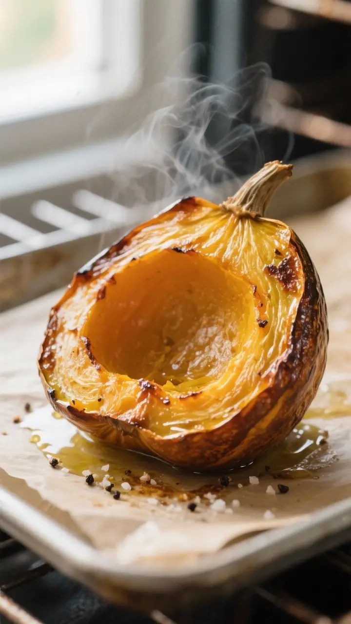 Close-up detail: Caramelized acorn squash half just out of the oven, cut-side up, edges deeply golde