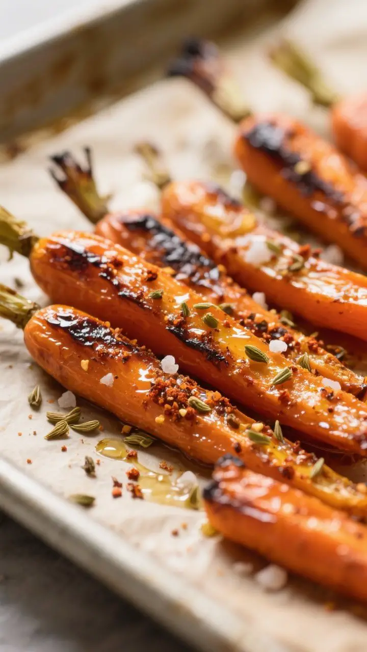 Close-up detail: Caramelized roasted carrot sticks fresh from the oven, edges blistered and glossy w