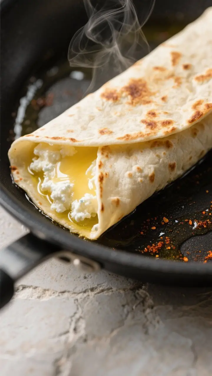 Close-up detail: Cottage cheese wrap mid-cook in a nonstick skillet, showing the thin, golden, melty