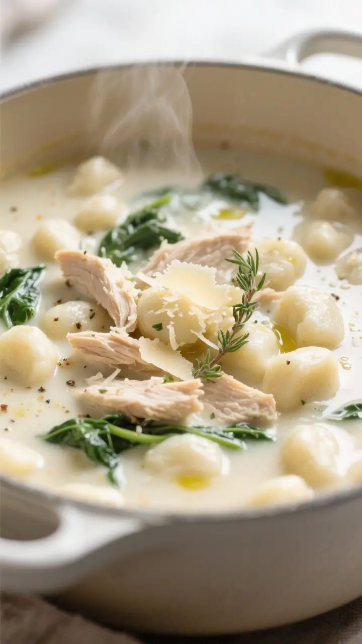 Close-up detail: Creamy Chicken Gnocchi Soup just after adding dairy, showing tender gnocchi bobbing