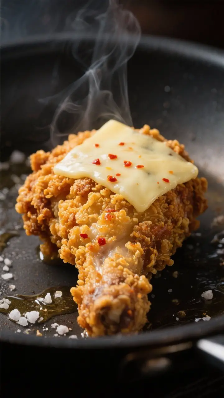 Close-up detail: Crispy, double-crusted fried chicken thigh just after frying, cheese steam-melted o