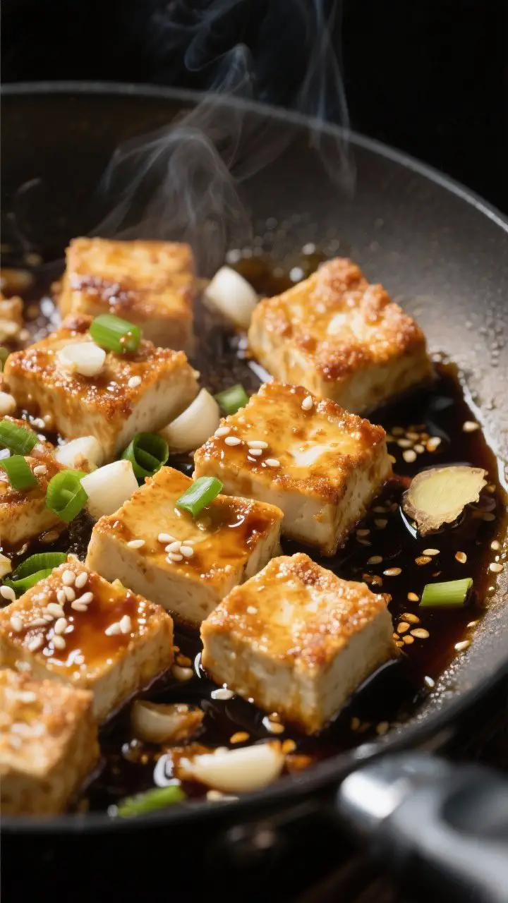 Close-up detail: Crispy garlic soy tofu cubes sizzling in a glossy sauce in a carbon-steel skillet, 