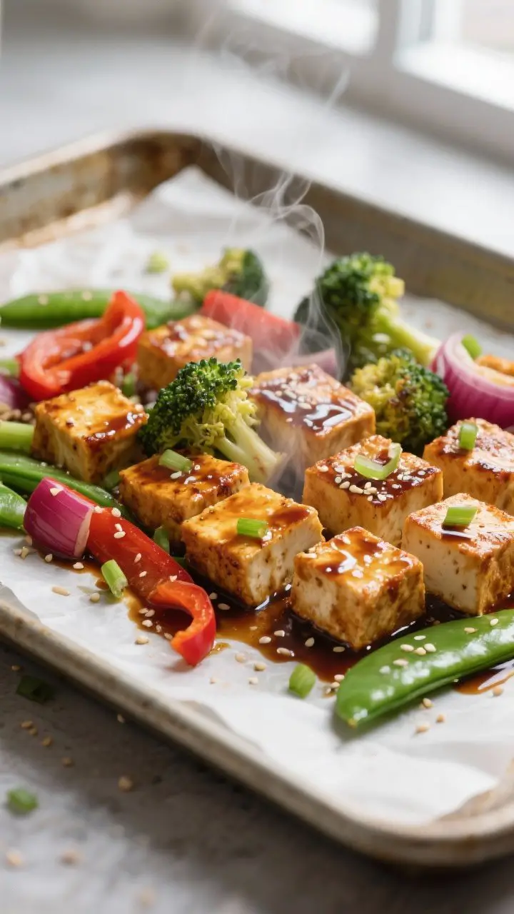 Close-up detail: Crispy roasted teriyaki tofu cubes on a parchment-lined sheet pan, edges golden and