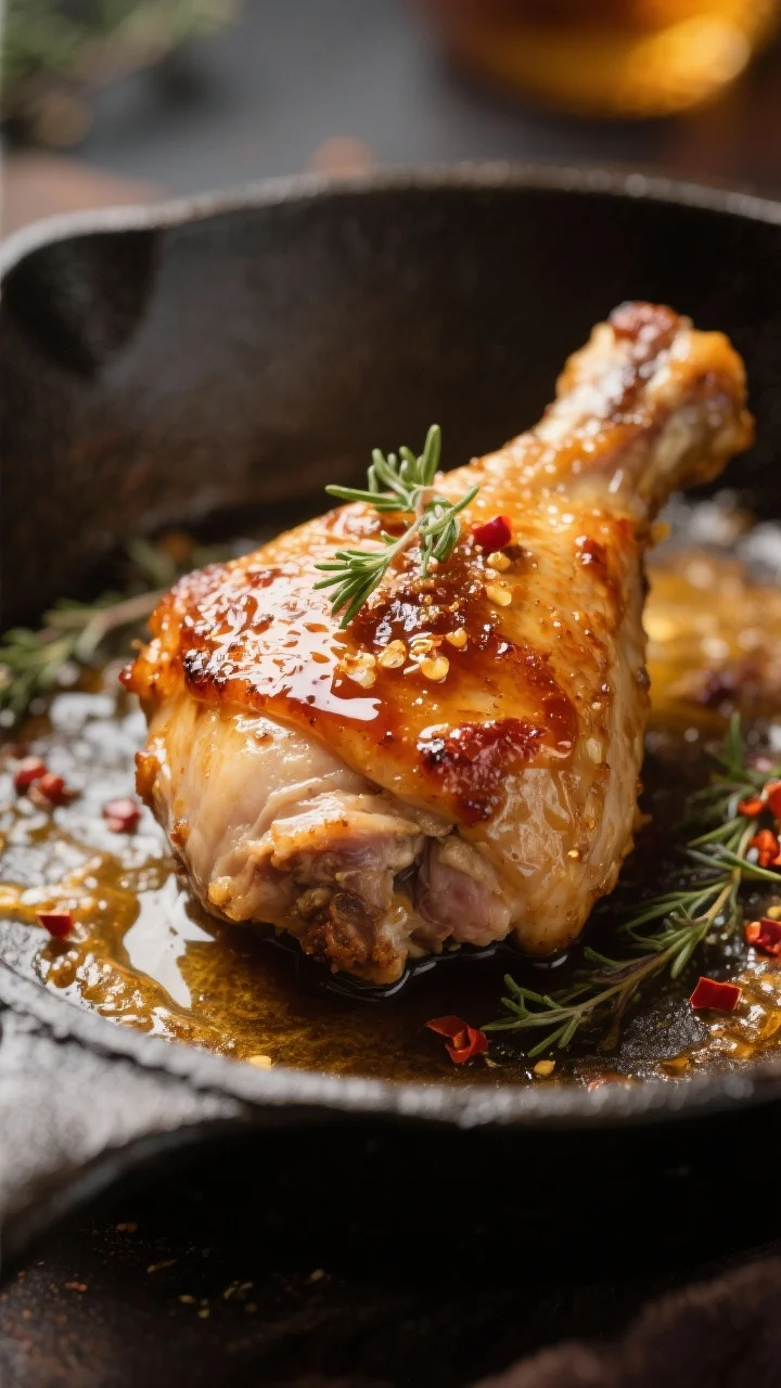 Close-up detail: Crispy-skinned bone-in chicken thigh just after glazing in the skillet, skin-side u