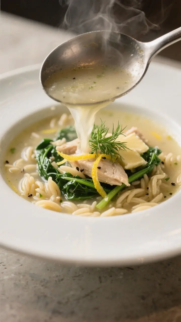 Close-up detail — Final ladle-to-bowl moment: Ultra close-up of a ladle pouring the finished soup
