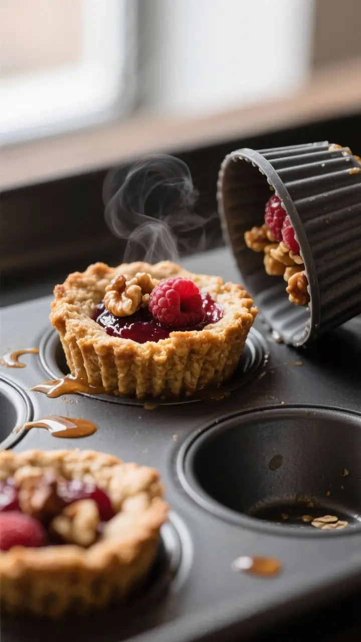 Close-up detail: Freshly baked oatmeal cups just out of the tin, showing crisp golden edges, jammy r