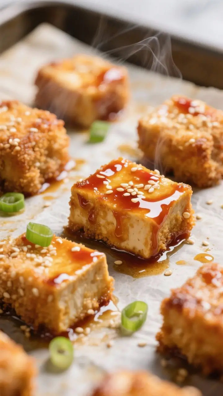 Close-up detail: Glazed honey sriracha tofu nuggets just out of the oven, sticky-tacky sheen catchin