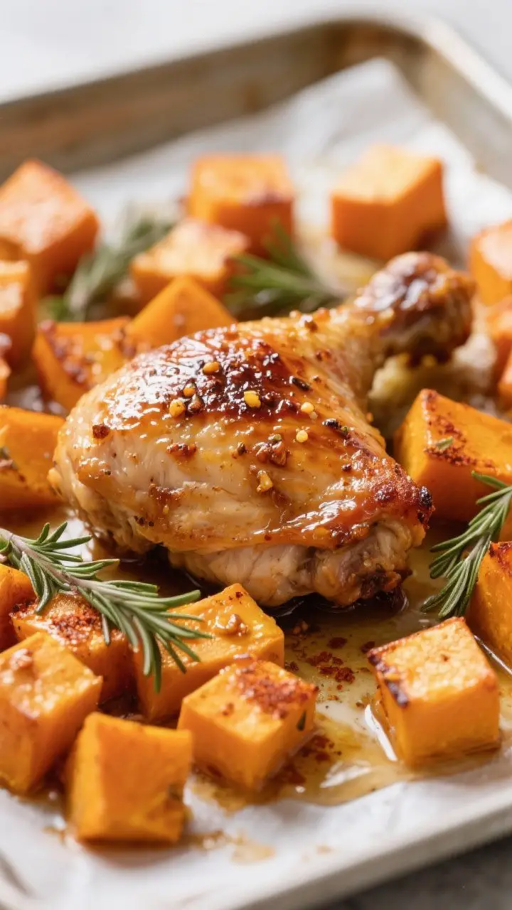 Close-up detail: Glazed, roasted chicken thigh nestled among caramelized butternut squash cubes, ski