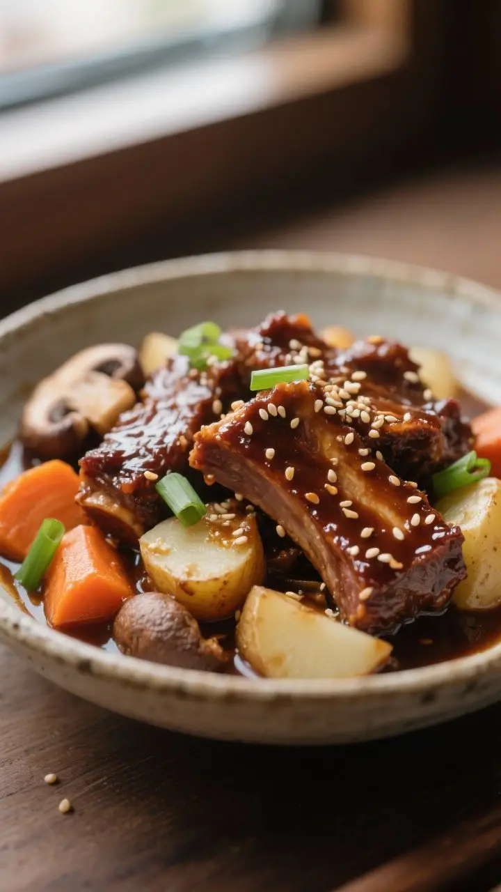 Close-up detail: Glossy braised beef short ribs (galbi jjim) nestled with tender carrots, potatoes, 