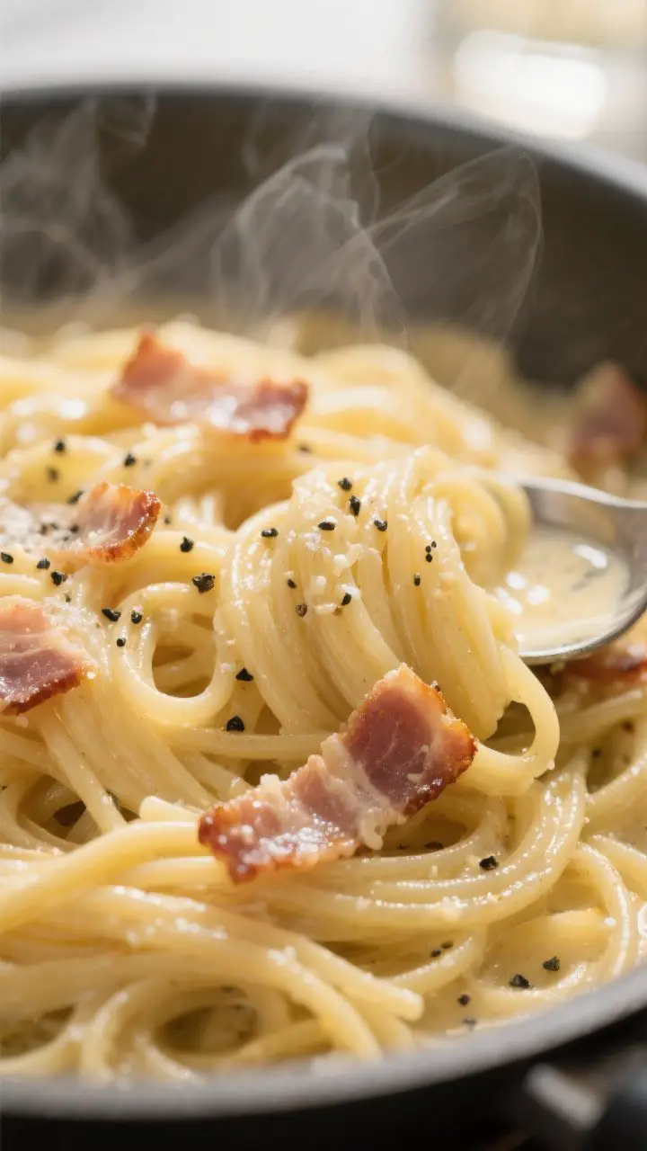 Close-up detail: Glossy spaghetti alla carbonara mid-toss in a skillet off the heat, strands coated