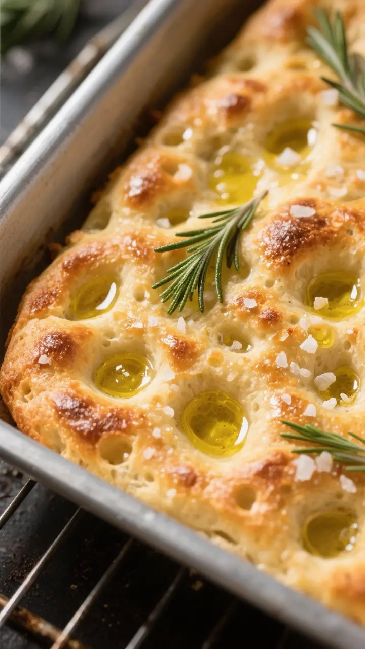 Close-up detail: Golden-baked rosemary focaccia just out of the oven, extreme close-up on glossy dim