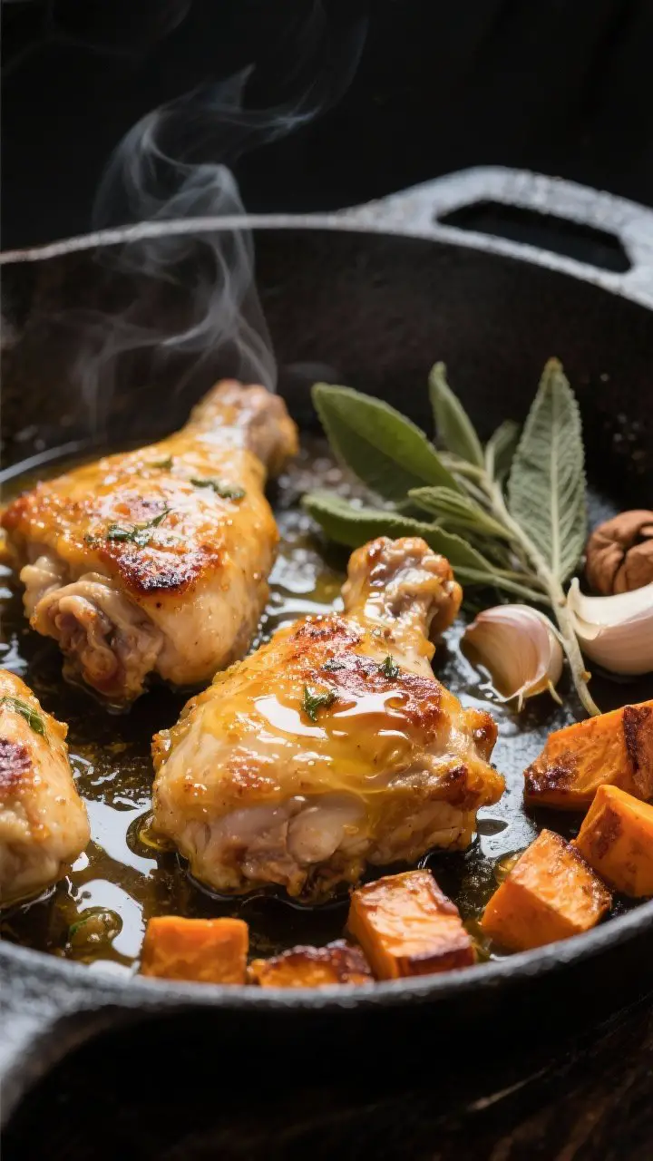 Close-up detail: Golden-browned chicken thighs basting in sizzling sage-brown butter in a cast-iron