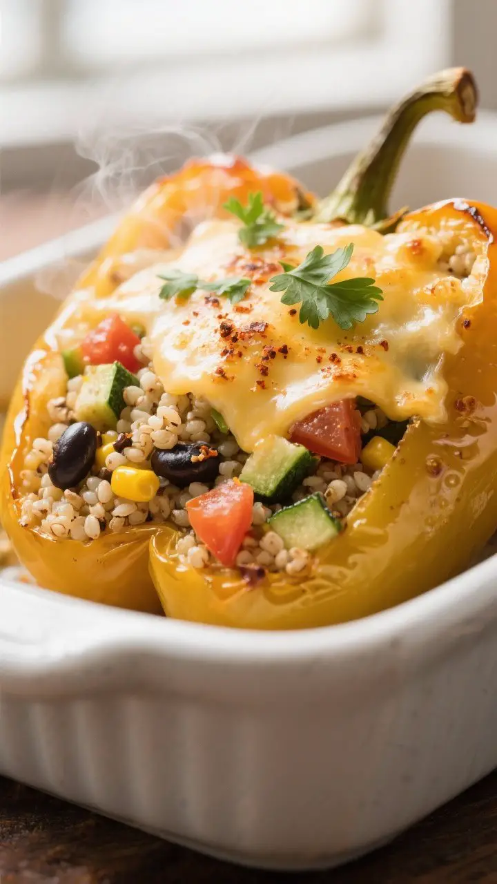 Close-up detail: Golden, bubbly quinoa-stuffed bell pepper fresh from the oven, cheese lightly brown