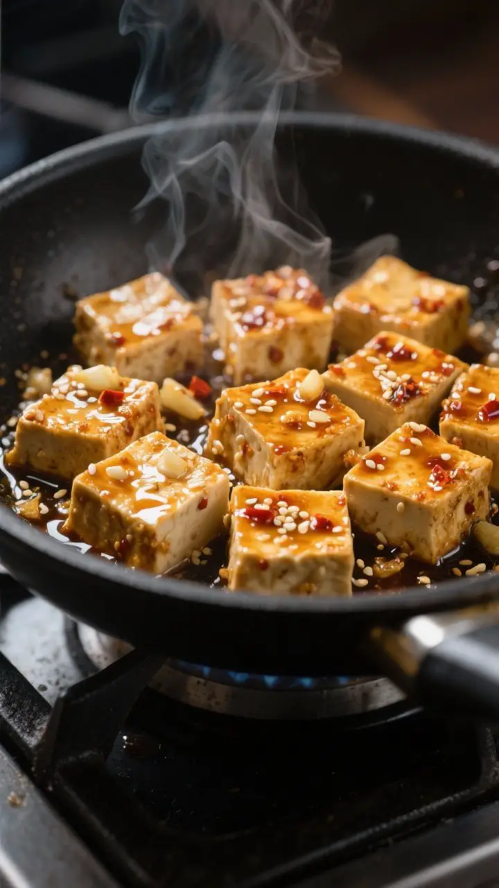 Close-up detail: Golden, craggy-edged tofu cubes sizzling in a glossy spicy-sesame glaze in a black