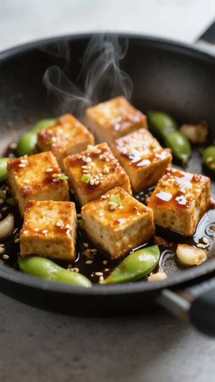 Close-up detail: Golden-crisp teriyaki tofu cubes just glazed in a skillet, sauce visibly glossy and