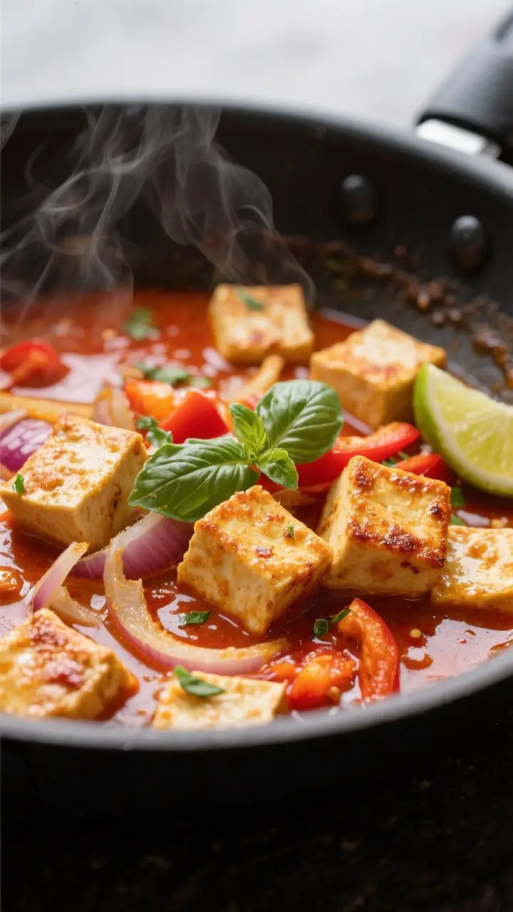 Close-up detail: Golden-crisp tofu cubes freshly seared and being folded back into a simmering Thai