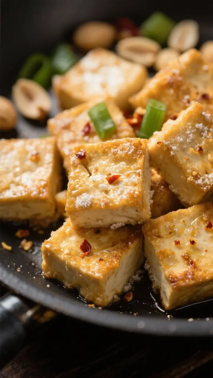 Close-up detail: Golden, crispy tofu cubes just out of the skillet, lightly dusted with cornstarch s