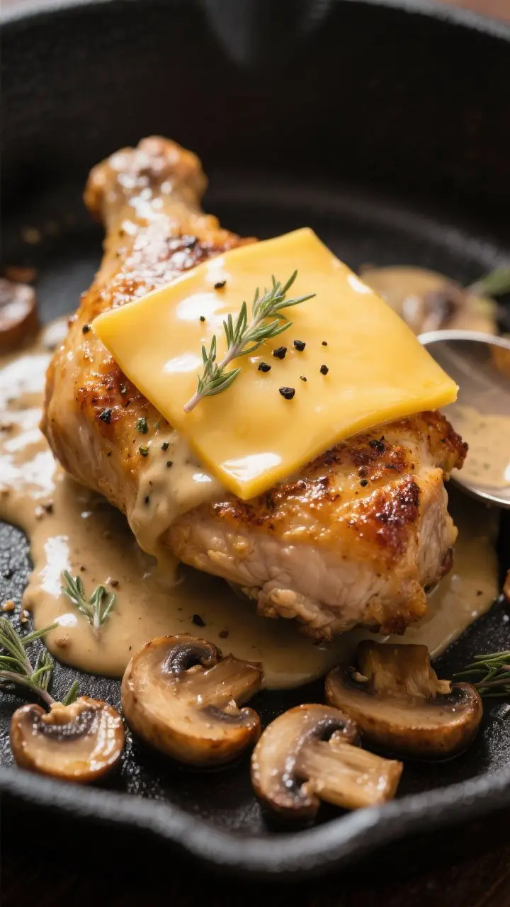 Close-up detail: Golden pan-seared chicken thigh crowned with a melted slice of provolone, glossy mu