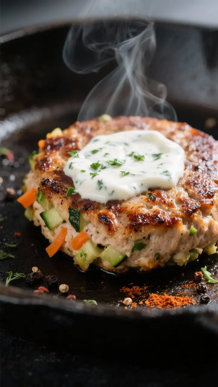 Close-up detail: Juicy chicken-and-veggie burger patty just off the skillet, deeply browned with cri