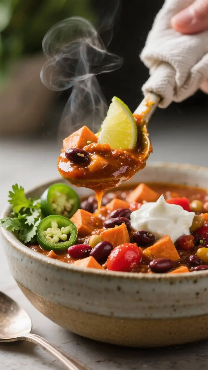 Close-up detail, ladle-to-bowl moment: Ultra-tight shot of the chili being ladled into a ceramic bow