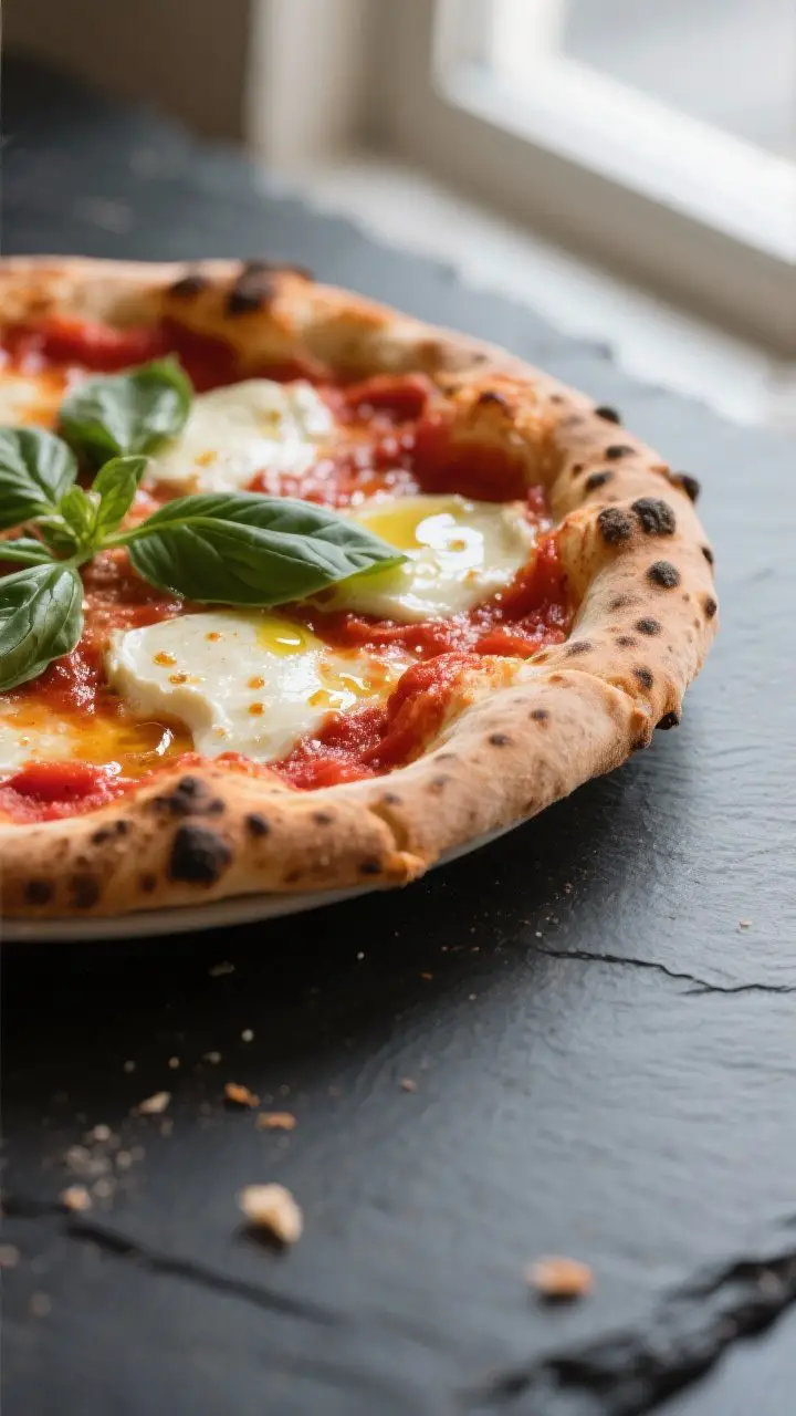 Close-up detail: Neapolitan Margherita pizza just out of the oven, showing a thin, airy crust with l