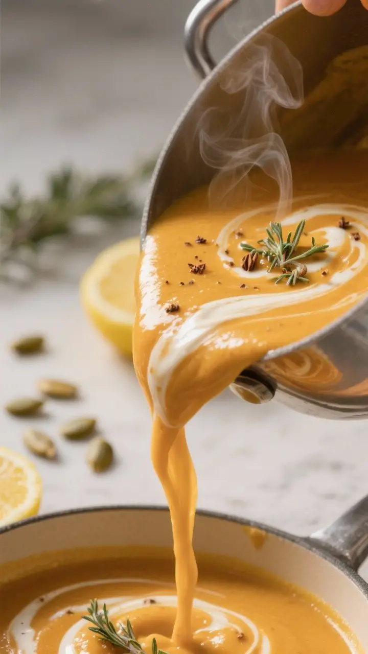 Close-up detail of silky pumpkin cream soup being poured back into a pot after blending, ribboning t