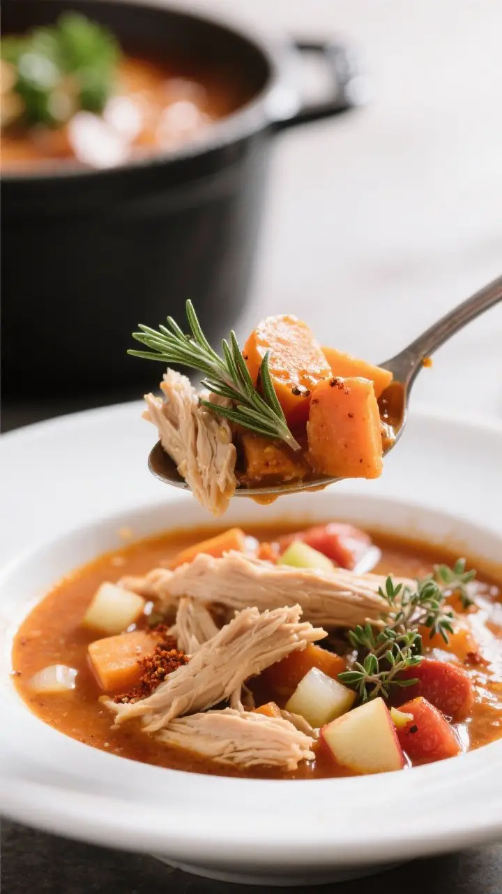 Close-up detail plate: Ultra close-up of a spoonful lifted just above the bowl showing juicy shredde