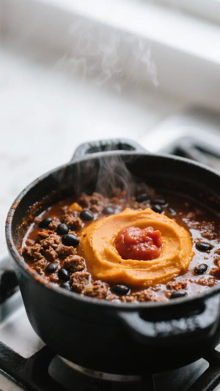 Close-up detail: Pumpkin chili simmering in a matte black Dutch oven, showing glossy, thickened sauc