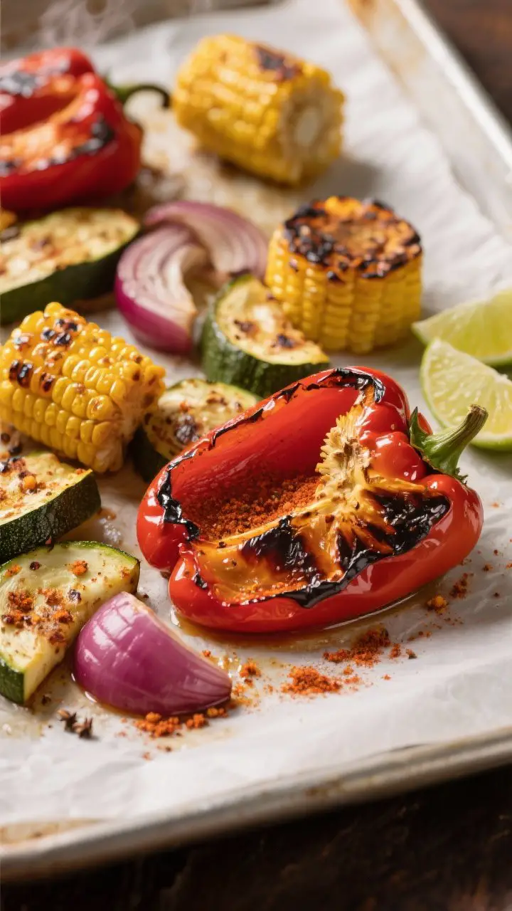 Close-up detail: Roasted bell peppers, red onions, zucchini, and corn just out of the oven on a parc