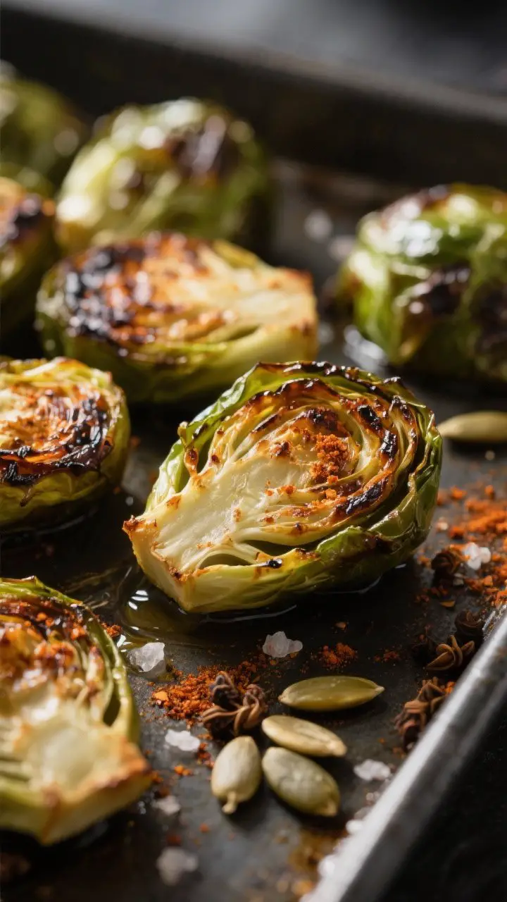 Close-up detail: Roasted Brussels sprouts fresh from the oven, cut sides deeply caramelized and cris