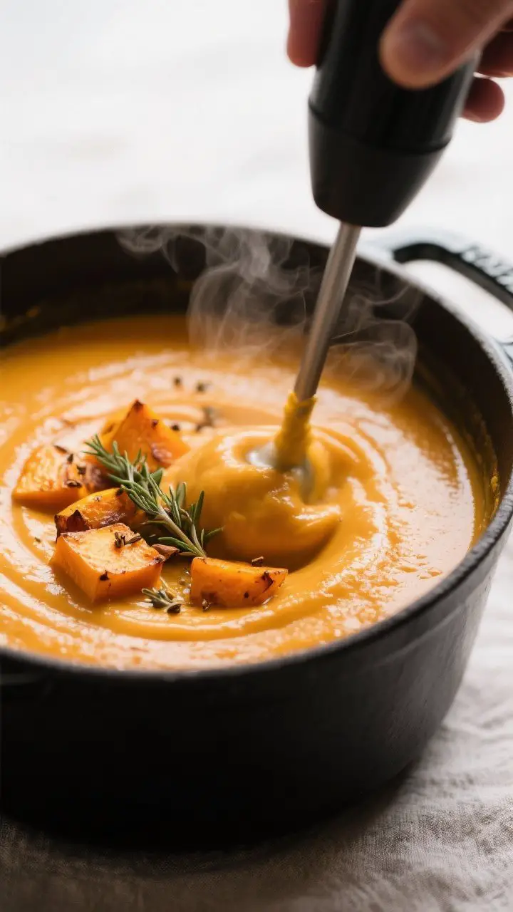 Close-up detail: Roasted butternut squash soup mid-blend in a Dutch oven, ultra-smooth glossy puree