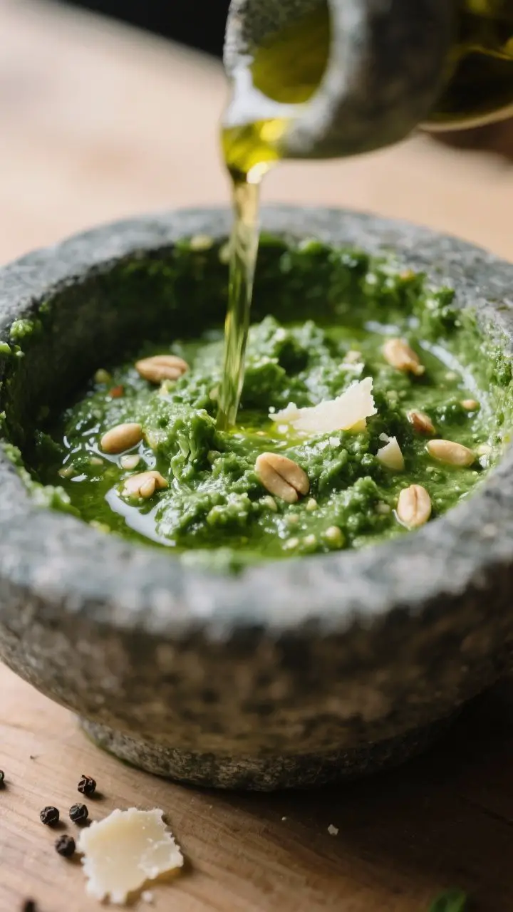 Close-up detail: Rustic basil pesto at the moment olive oil is being streamed in, captured mid-emuls