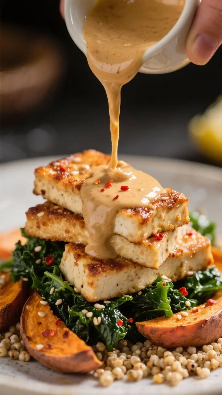 Close-up detail — sauce and texture: Extreme close-up of the maple-tahini lemon sauce being poured