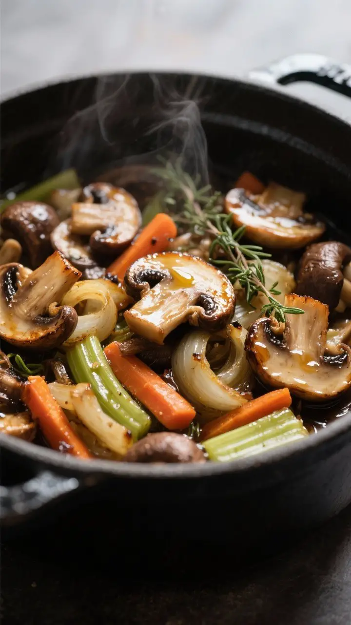 Close-up detail: Sautéed mushroom medley in the pot after browning, showing glossy cremini and shii