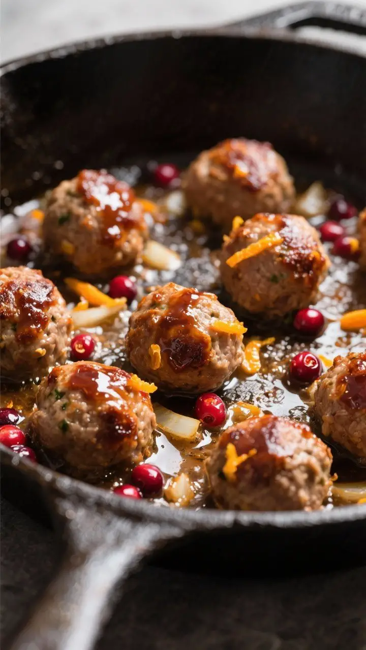 Close-up detail: Searing cranberry-orange glazed turkey meatballs in a large skillet, edges deeply b