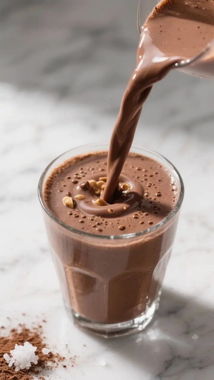 Close-up detail shot: A freshly blended high-protein chocolate smoothie being poured in a thick ribb