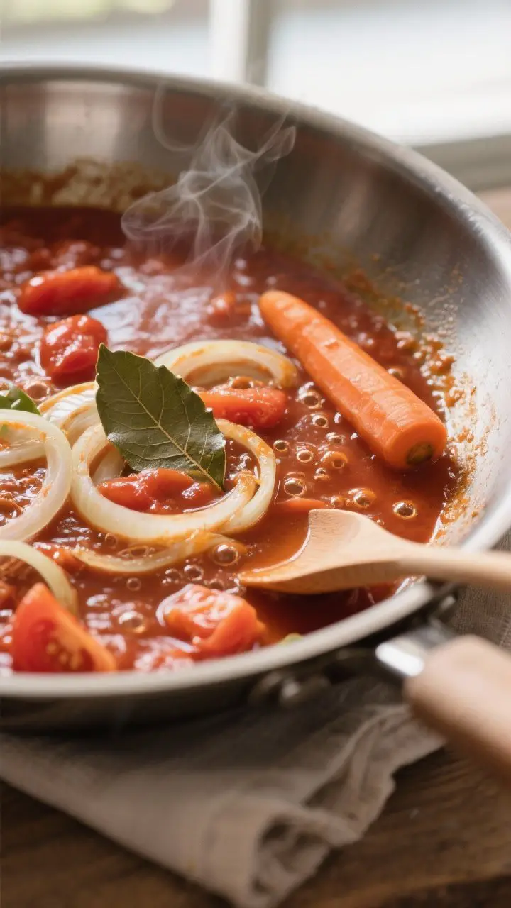 Close-up detail shot: A glossy, gently simmering Italian tomato sauce in a wide stainless sauté pan