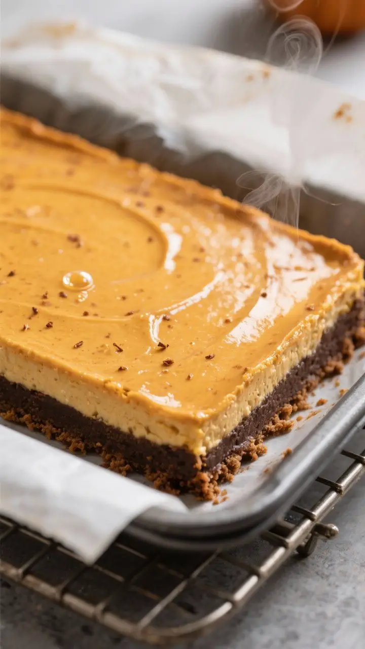Close-up detail shot: A just-baked pan of Pumpkin Cheesecake Bars cooling on a rack, showing the glo