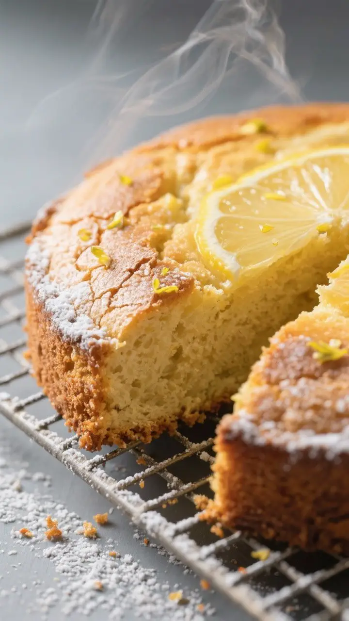 Close-up detail shot: A just-baked Sicilian Lemon and Olive Oil Cake cooling on a wire rack, golden