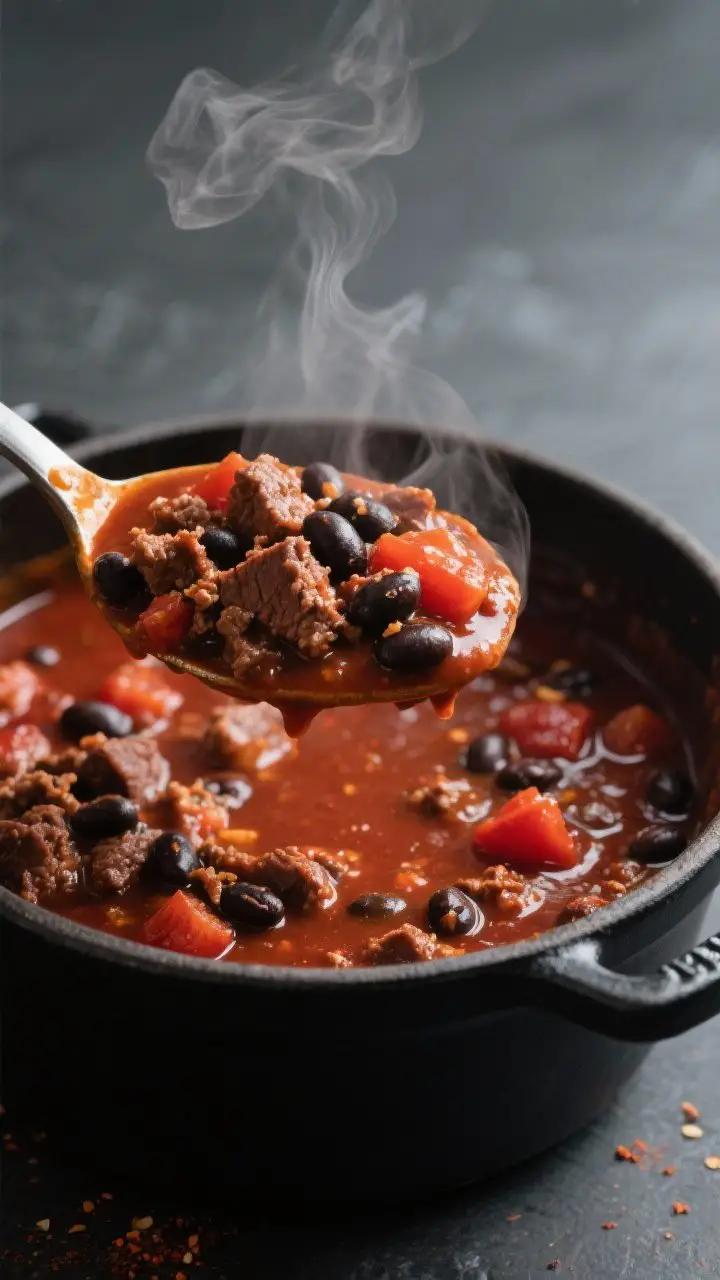 Close-up detail shot: A ladle lifting thick, glossy Smoky Chipotle Beef & Black Bean Chili from a ma