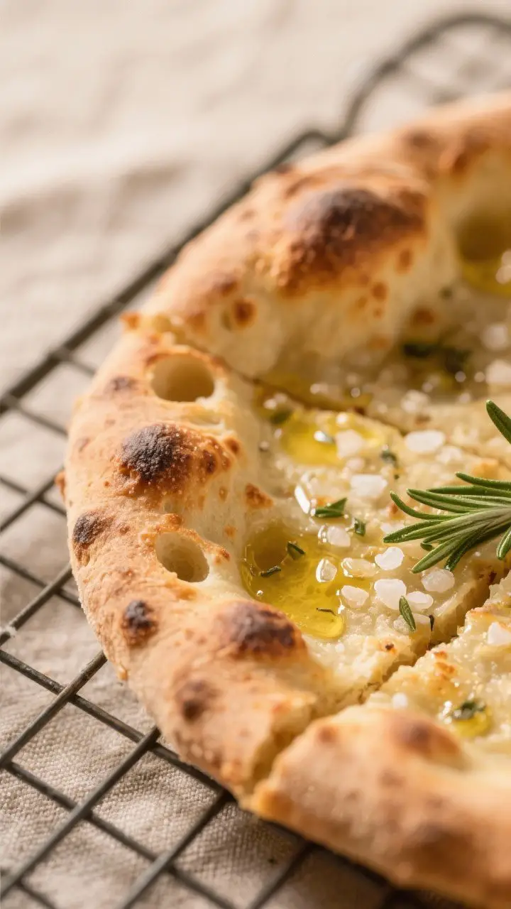 Close-up detail shot: Freshly baked Roman-style pizza bianca just out of the oven, focusing on the g
