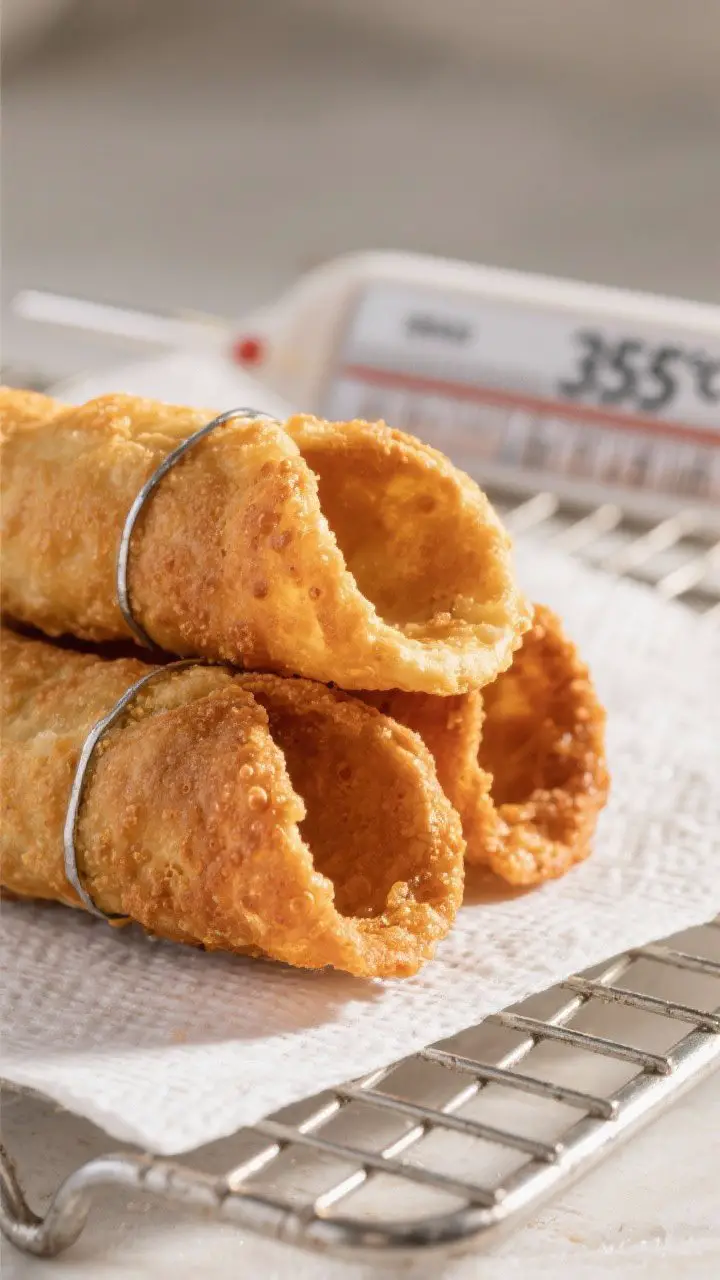 Close-up detail shot: freshly fried cannoli shells just slid off metal molds, golden-brown and blist